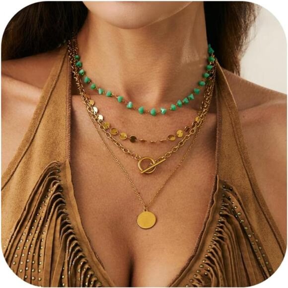 Layered Gold Chain Necklace Set | Turquoise & Coin Pendant - Picture 1 of 6